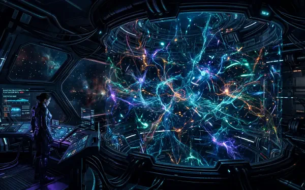 5K Ultra HD PC desktop wallpaper and background: a starship bridge viewing a luminous, multicolored quantum field — a web of glowing energy and particle streams across a panoramic viewport.