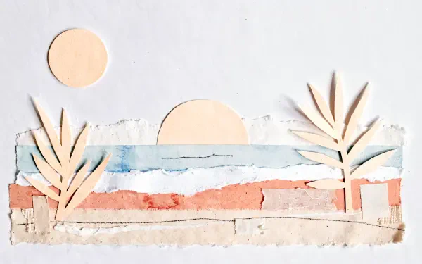 Minimalist summer collage: textured paper beach, pastel sun, ocean horizon and stylized palms — 4K Ultra HD PC desktop wallpaper and background.