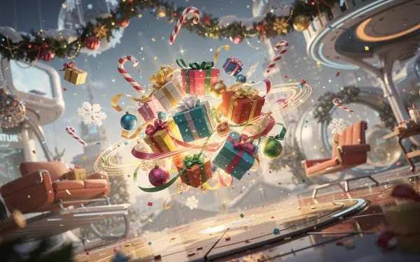 Joyful holiday 4K Ultra HD PC desktop wallpaper and background: floating wrapped gifts, candy canes, ornaments and garlands swirling in a bright futuristic living-room snowfall.