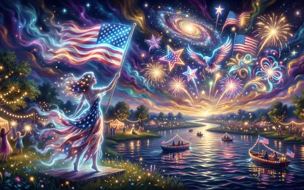 4th Of July 5K Ultra HD PC desktop wallpaper and background: vivid, cosmic fireworks over a river with American flags, boats and celebrants beneath a swirling, starry sky.