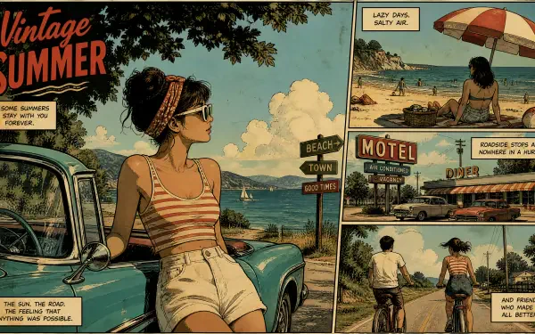 Vintage summer comic-style 4K Ultra HD PC desktop wallpaper: woman in striped top leans on classic car by a coastal road; inset panels show motel, beach scenes and a couple biking.