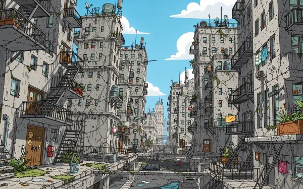 4K Ultra HD PC desktop wallpaper: stylized concrete jungle of a narrow street flanked by weathered high-rises, fire escapes and rooftop antennas beneath a bright blue sky.