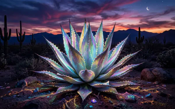 5K Ultra HD PC desktop wallpaper and background: iridescent agave rosette glowing in a twilight desert, crescent moon above mountains and silhouetted cacti.