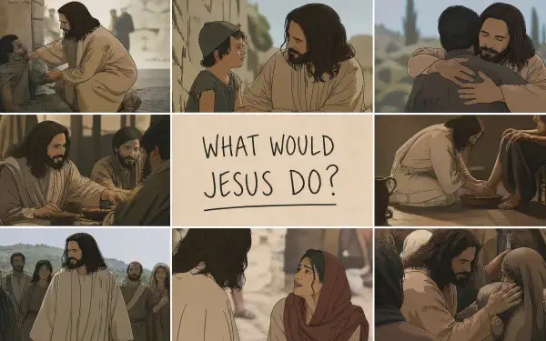 4K Ultra HD PC desktop wallpaper background collage What Would Jesus Do showing Jesus compassionately teaching, healing, embracing and praying with people.