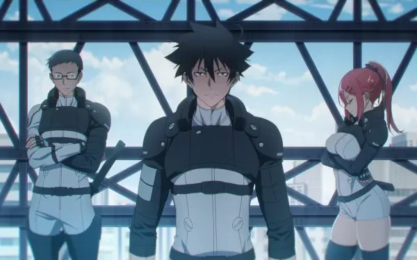 HD anime desktop wallpaper from Black Torch: Jirou Azuma center, Reiji Kirihara left and Ichika Kishimojin right, posing against an industrial steel-and-sky background.
