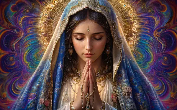Praying Virgin Mary with jeweled blue veil and golden halo, hands clasped before a vivid, psychedelic swirl backdrop — 4K Ultra HD PC desktop wallpaper and background.
