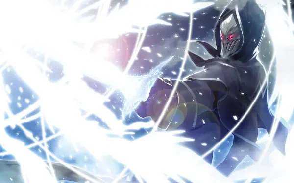 2K Quad HD anime wallpaper of Arnold Lakes Adler (The Insipid Prince's Furtive Grab for the Throne): hooded, red-eyed figure summoning swirling white-blue energy.