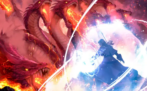 Anime 4K Ultra HD PC desktop wallpaper and background: Arnold Lakes Adler from The Insipid Prince's Furtive Grab for the Throne raises a glowing sword-shield against a three-headed fiery dragon.