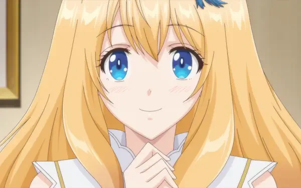 HD PC wallpaper: Fiine von Clinert from The Insipid Prince's Furtive Grab for the Throne — blonde, blue‑eyed anime girl smiling with hands clasped at her chest.
