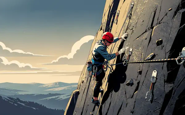 4K Ultra HD PC desktop wallpaper: climber in red helmet scaling a steep, gear-lined rock face at sunset with layered mountain ranges and cloudy sky in the distance.
