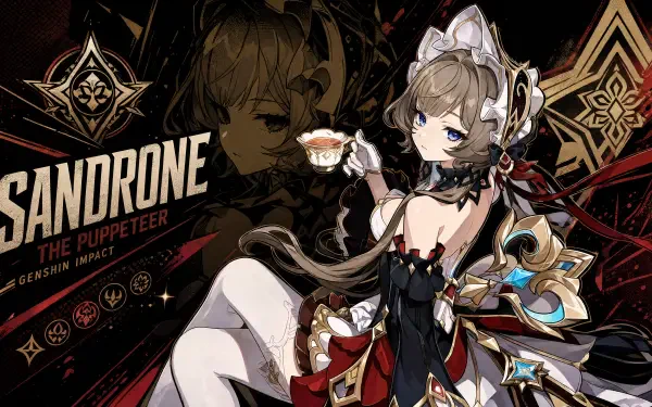 Sandrone (Genshin Impact) 4K Ultra HD PC desktop wallpaper and background: puppeteer Sandrone in ornate red-black costume, holding a teacup before a stylized emblem.