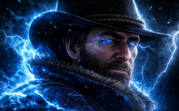 Arthur Morgan close-up with glowing blue eyes and crackling lightning, 4K Ultra HD PC desktop wallpaper and background.