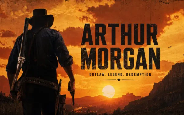 Arthur Morgan 4K Ultra HD PC desktop wallpaper/background: silhouetted gunslinger with rifle and pistol against a fiery sunset, bold Arthur Morgan title and tagline.
