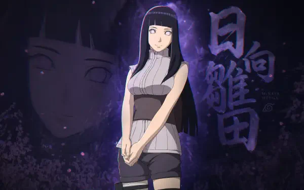 Hinata Hyuga stands center with hands clasped, framed by a purple cosmic glow and large kanji in the background; 4K Ultra HD PC desktop wallpaper and background.