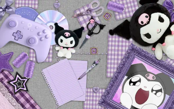 4K Ultra HD PC desktop wallpaper/background featuring Kuromi (Onegai My Melody) plushies and framed art amid purple gaming controller, stationery, ribbons and decorative accessories.