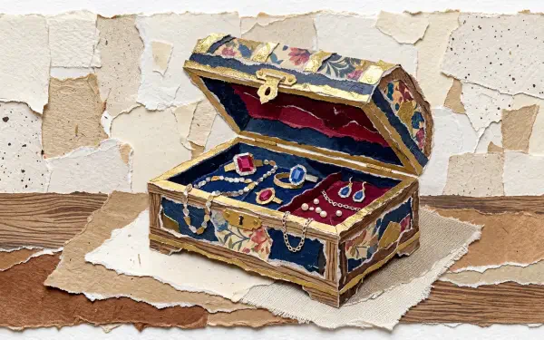 5K Ultra HD PC desktop wallpaper and background: ornate floral jewelry box open on a wooden table, displaying rings, earrings and a string of pearls.