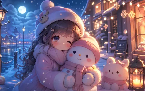Kawaii winter 4K Ultra HD PC desktop wallpaper and background: a chibi girl in a fluffy hat hugs a smiling snowman and plush bunny by lantern-lit riverside, soft snowfall and cozy night lights.