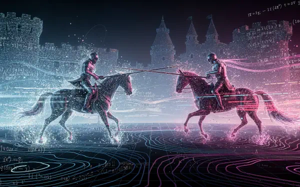 4K Ultra HD PC desktop wallpaper of futuristic jousting: neon wireframe knights on horseback clash lances before a holographic castle, glowing grid and circuit-like landscape.