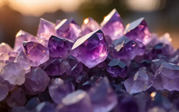 Macro view of purple amethyst crystal cluster with glowing facets and warm bokeh — 5K Ultra HD PC desktop wallpaper/background.