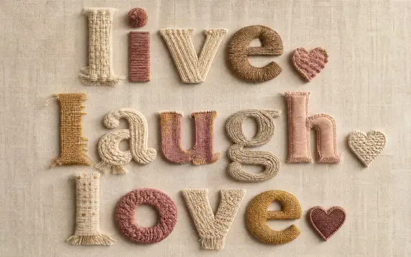 Knitted yarn letters spell live laugh love with heart motifs on a neutral woven backdrop — 4K Ultra HD PC desktop wallpaper and background.