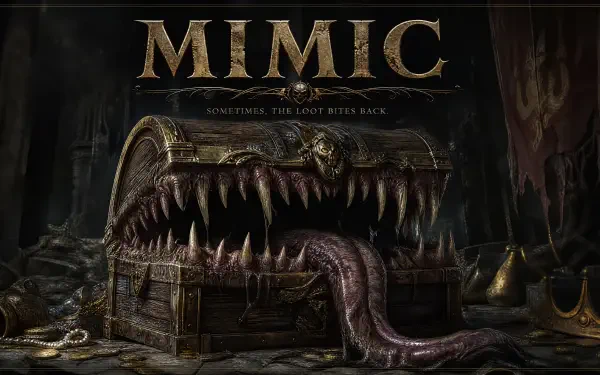 4K Ultra HD PC desktop wallpaper depicting a fantasy mimic: a treasure chest with a gaping, tooth-filled maw and long tongue lurking among scattered gold in a dark dungeon.