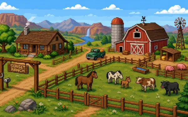 4K Ultra HD PC desktop wallpaper and background: vibrant ranch with red barn and silo, farmhouse, windmill, truck, fenced pasture of horses, cows and pigs with distant mountains.