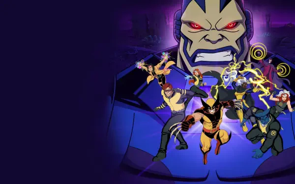 X-Men '97 team springs forward before a looming villain with glowing eyes on a deep purple backdrop — 4K Ultra HD PC desktop wallpaper and background