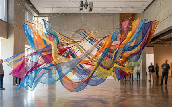 Vibrant suspended fabric sculpture of multicolored translucent ribbons floating in a gallery; 5K Ultra HD PC desktop wallpaper and background.