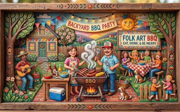 5K Ultra HD PC desktop wallpaper and background: colorful folk-art backyard BBQ scene—family grilling at a central smoker, musicians, picnic table, bunting, dogs and detailed garden decor.