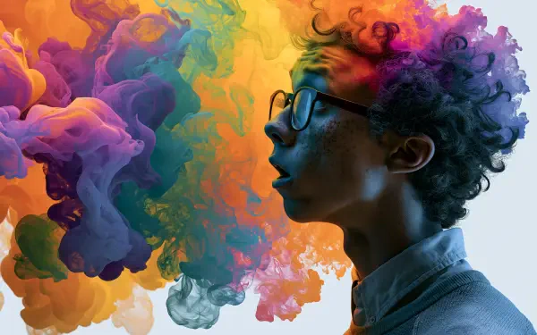 Profile of a person with glasses exhaling vivid, swirling rainbow clouds; vibrant colors and abstract plumes — 2K Quad HD PC desktop wallpaper and background.