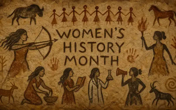 4K Ultra HD PC desktop wallpaper/background celebrating Women's History Month: stylized mural of women across eras—archer, reader, scientist, healer, torchbearer on textured parchment.