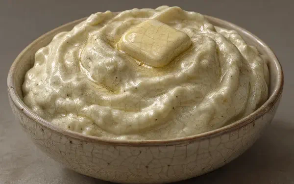 4K Ultra HD PC desktop wallpaper: close-up of creamy mashed potatoes in a rustic bowl topped with a melting pat of butter.