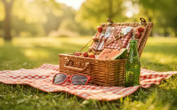 4K Ultra HD PC Desktop Wallpaper and Background — sunlit picnic scene: wicker basket, red-check blanket, sunglasses, green bottle and fruit on grass.