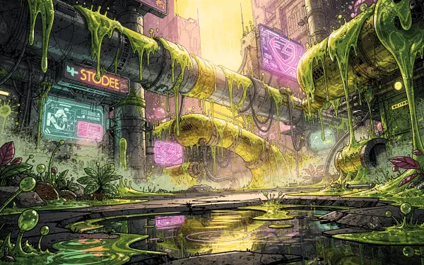 4K Ultra HD PC desktop wallpaper: neon-lit, overgrown cyberpunk alley with mossy pipes, bioluminescent plants, wet reflective puddles and glowing signs under a hazy golden sky.