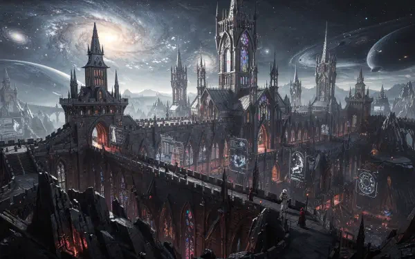 4K Ultra HD PC desktop wallpaper and background: sprawling gothic fortress city with spires, glowing banners and molten fissures under a starry, moonlit cosmic sky.