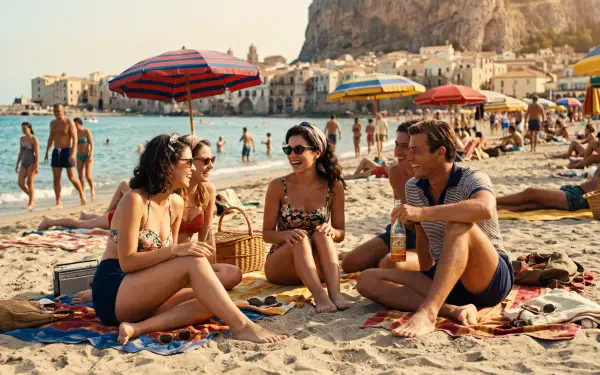 Vintage summer 5K Ultra HD PC desktop wallpaper: four friends lounging on a sunny Mediterranean beach with colorful umbrellas, towels and a cliffside town behind them.
