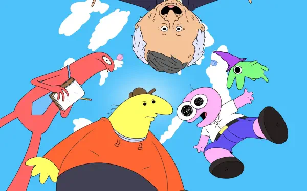 Smiling Friends characters peer down against a bright blue sky — colorful cartoon figures in a playful circle. 4K Ultra HD PC desktop wallpaper and background.