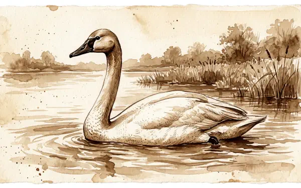 Sepia watercolor of a Trumpeter swan gliding through marsh reeds, 5K Ultra HD PC desktop wallpaper and background.