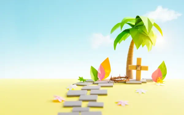 Palm Sunday 5K Ultra HD PC desktop wallpaper background: stylized bright sandy scene with a palm tree, wooden cross, colorful palm fronds, scattered flowers and a stepping-stone path.