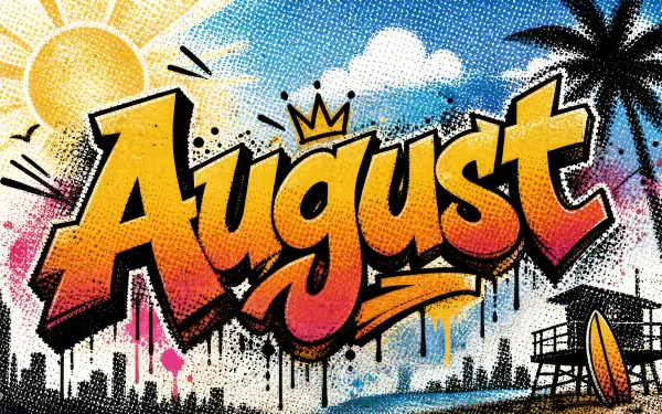 Graffiti-style August lettering with sun, palm trees, surfboard and city skyline in bright, pop-art colors — 4K Ultra HD PC desktop wallpaper and background.