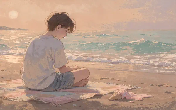 Pastel summer 4K Ultra HD PC Desktop Wallpaper and Background: a solitary figure on a towel watches soft pastel waves and sunset on a sandy shore.