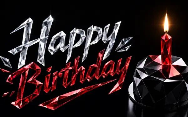 4K Ultra HD PC desktop wallpaper: faceted crystal Happy Birthday lettering in silver and red on black with a geometric candle and glowing flame.
