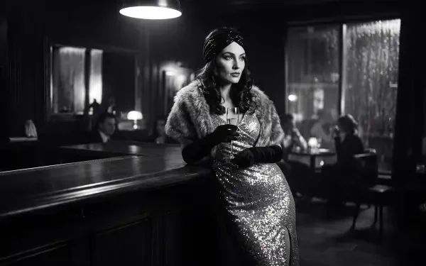 Glam 5K Ultra HD PC desktop wallpaper and background: black-and-white image of a woman in a sequined gown and fur stole leaning at a bar, holding a drink in a smoky vintage lounge.