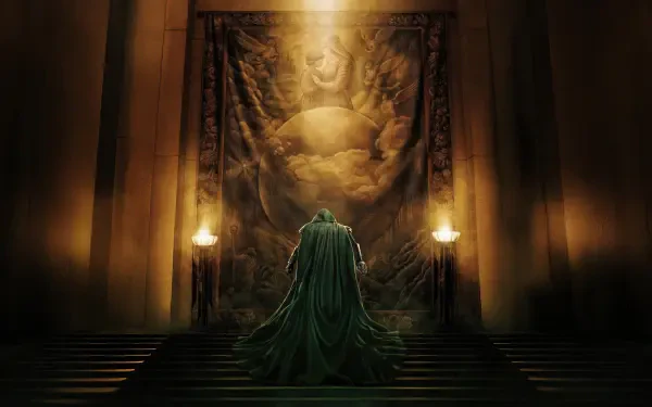 Avengers: Doomsday — cloaked figure stands before a towering mural in a dim, torchlit throne hall; dramatic, cinematic 4K Ultra HD PC desktop wallpaper and background.