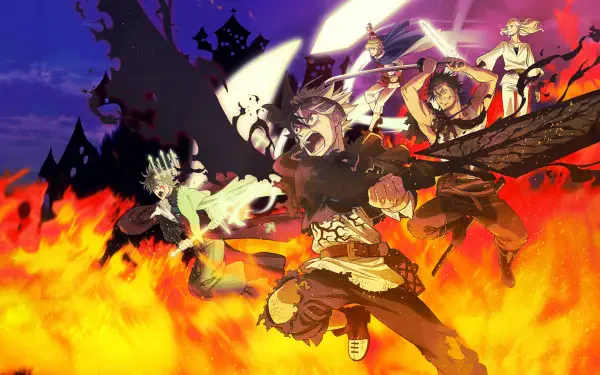 Black Clover anime heroes clash amid roaring flames, a dark fortress silhouette and stormy sky — 4K Ultra HD PC desktop wallpaper and background.