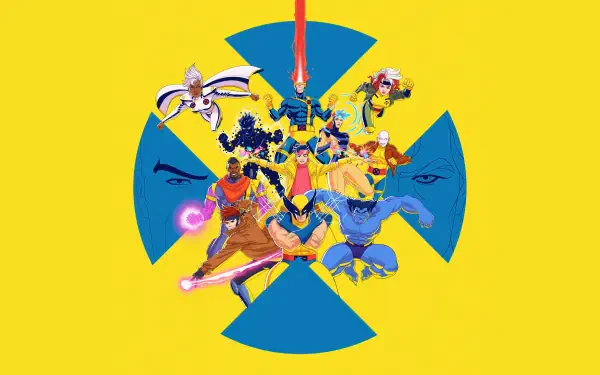 X-Men '97 8K Ultra HD PC desktop wallpaper: bright yellow backdrop with a blue X emblem and the animated X‑Men team posed dynamically at the center.
