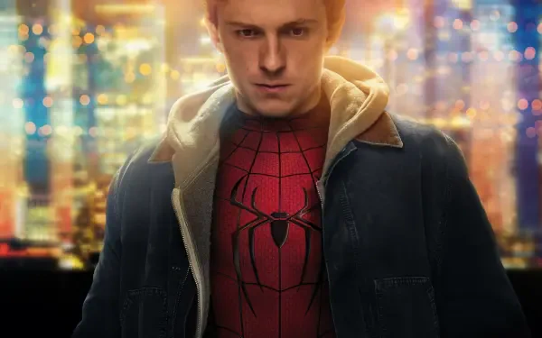 4K Ultra HD PC wallpaper: Spider-Man: Brand New Day — young man in a red spider suit under a jacket standing before a glowing nighttime city skyline.