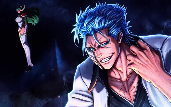 Bleach: Thousand-Year Blood War 5K Ultra HD desktop wallpaper — Grimmjow Jaegerjaquez smirks in the foreground as Nelliel Tu Odelschwanck stands in the distant, dark-blue background.