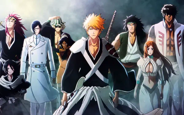 Bleach: Thousand-Year Blood War 5K Ultra HD PC wallpaper showing Ichigo Kurosaki front and center with Orihime Inoue, Uryu Ishida, Kisuke Urahara and allies standing behind him.