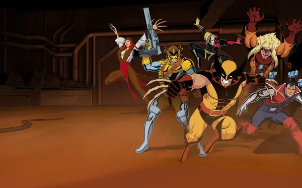 X-Men '97 team striking dynamic action poses in front of an industrial brown backdrop — 4K Ultra HD PC desktop wallpaper and background.